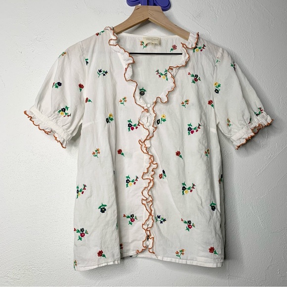 Sézane 38 US 6 Andrea Floral Embroidered Ruffle Blouse White Sheer - Picture 3 of 12